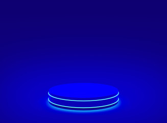 3d blue neon light cylinder podium minimal studio blue dark background. Abstract 3d geometric shape object illustration render. Display for technology product.