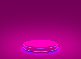 3d shocking pink neon light cylinder podium minimal studio dark background. Abstract 3d geometric shape object illustration render. Display for nightclub party and technology product.