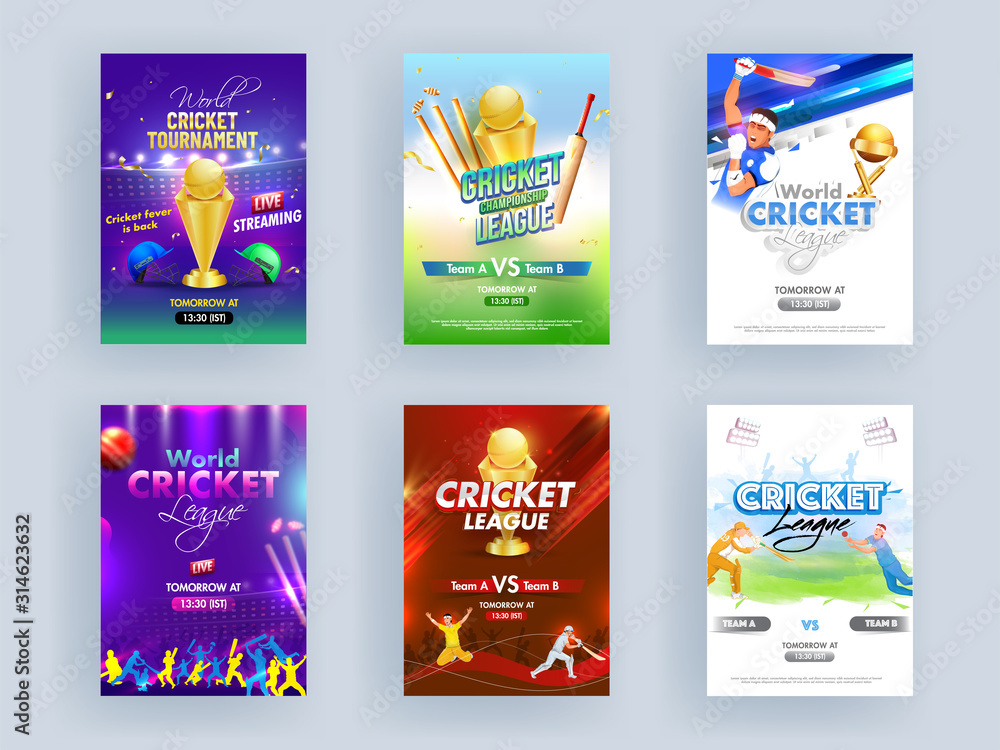 Canvas Prints World Cricket League Template or Flyer Set with Cricketer Characters and Golden Trophy on Abstract Background.