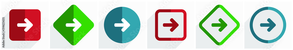 Aufkleber Right arrow icon set, flat design vector illustration in 6 options for webdesign and mobile applications in eps 10