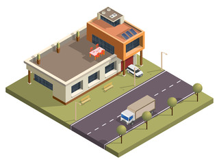 Isometric Modern Building with Garden View in Front of Transport Street Background.