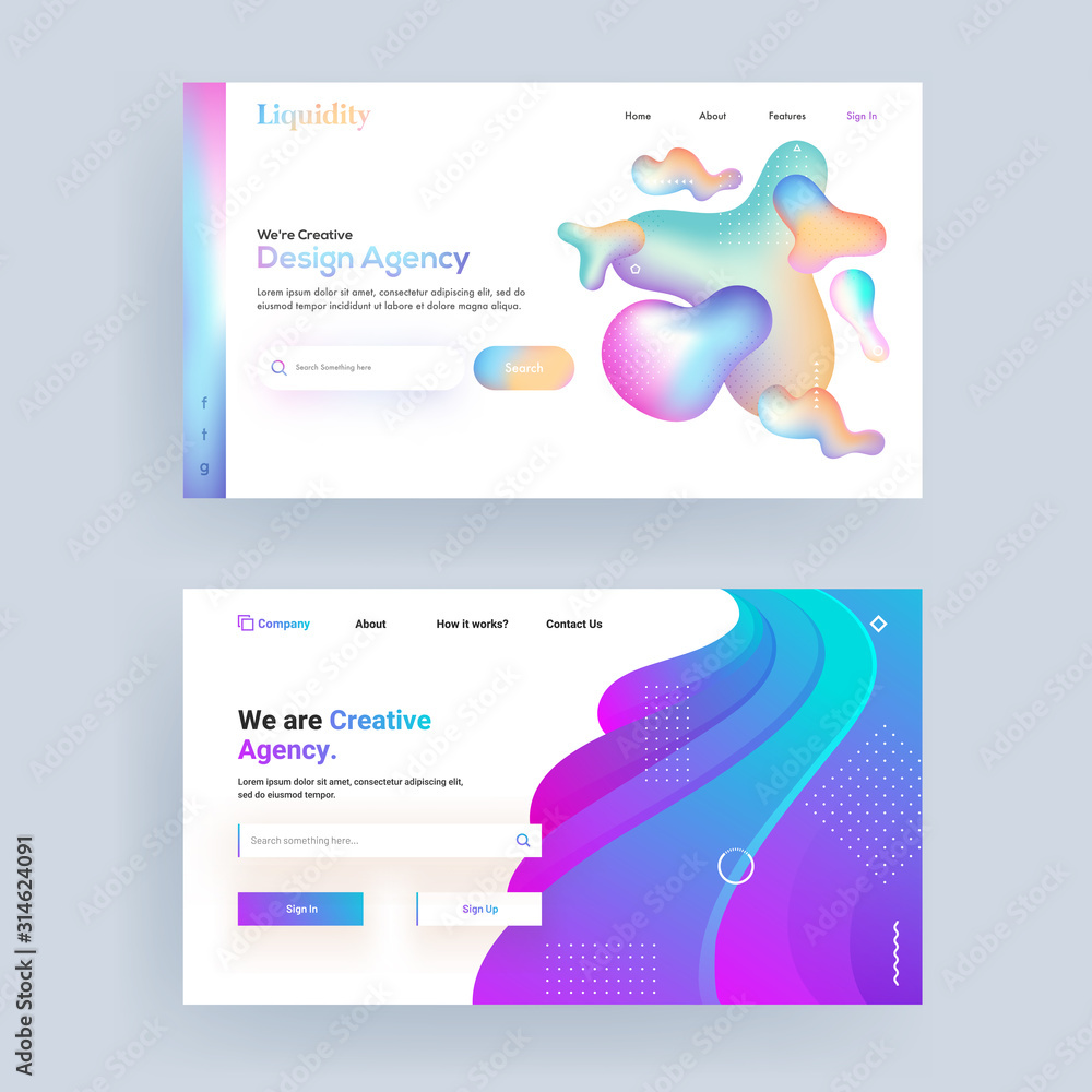 Poster gradient abstract landing page design set for creative design agency.