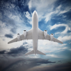 Naklejka premium Airplane in the cloudy sky. 3D illustration
