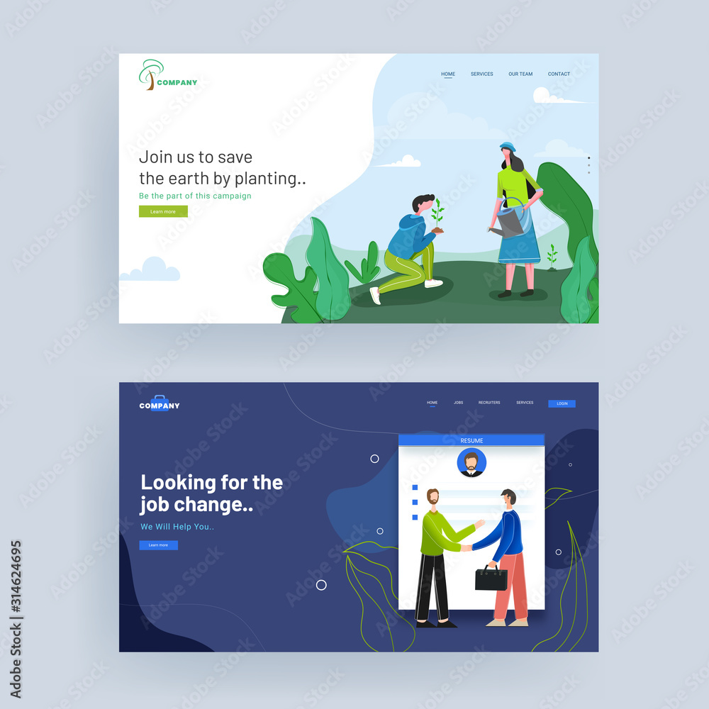 Poster join us to save the earth by planting and looking for the job change concept based landing page or w
