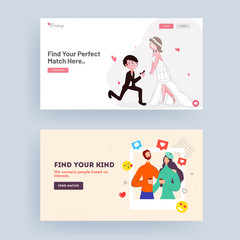 Find your perfect match landing page set with loving couple character for wedding or dating.