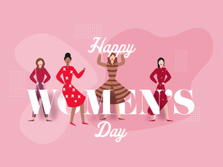 Beautiful Strong Girls in Different Pose on Pink Abstract Background for Happy Women's Day.
