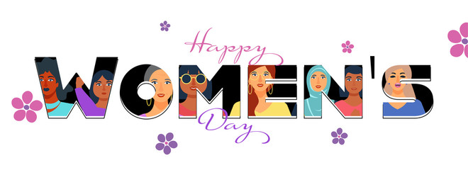 Creative Happy Women's Day Text With Stylish Young Girl Image on White Background Decorated with Flowers. Can be used as Banner or Header Design.