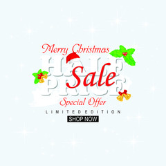 Template design Merry Christmas banner. Happy holiday brochure with decoration for xmas sale and discount. Poster Christmas lettering for a new year offer.