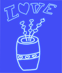 vase with hearts and love in neon glow