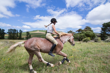 Girl galloping on a Sabino paint horse in the field bareback and without a bridle side profile.