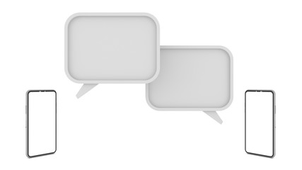 Smartphone white screen facing each other and above, there is white space for written messages and For chatting and adding text. Isolated on the White background, illustration,3D rendering.