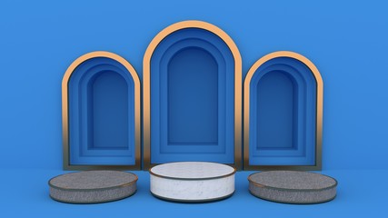 Circular marble podium Gold color border and Walls with arch Gold color frame open can be used for commercial advertising, Isolated on blue background, illustration,3D rendering.