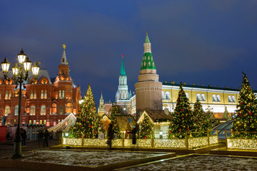Moscow, Russia, Manezhnaya square. New Year and Christmas.  Manezhnaya square in Moscow was decorated with a Christmas tree and decorative designs.