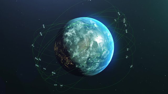 Space satellites fly around the earth. Modern GPS navigation technology.