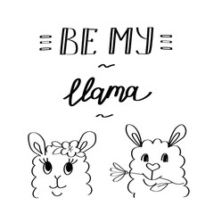 Couple of cute llamas boy and girl with flowers. Be my llama lettering for Valentine's Day. Cartoon style. Concept of dating love relationships. Stock outline vector illustration isolated on white.