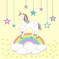 Unicorn on the rainbow and clouds with stars. Multicolor  Long hair, striped horn unicorn cartoon character vector illustration.