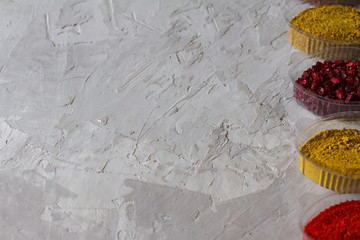 delicious and flavorful spices for food. lots of seasonings in the bowls. additives for cooking. Georgian seasonings. the concept of cooking and foodies. the view from the top. space for text.