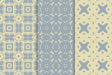 Set of seamless patterns. Stylish graphic patterns on a colored background. Template art textures for printing on fabric, wrapping paper, Wallpaper. Vector ornament