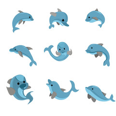 Set of five cute dolphins. Vector illustration Cartoon Characters Funny Dolphin Set Ocean Mammal Different Poses Concept Element Flat Design Style. Vector illustration of Dolphins