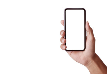 Hand holding the black smartphone iphone with blank screen and modern frameless design in two...
