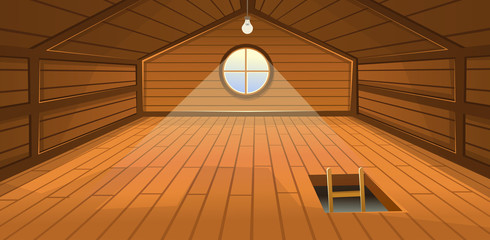 The wooden attic interior with a window and stairs. Vector cartoon illustration. © NADEZHDA