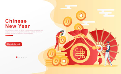 Vector illustration chinese new year. women are putting coins / money into sacks and men carrying lanterns next to big fans, lion dance. for homepage, UI UX, header, flyer, apps. Flat cartoon style