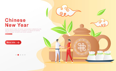 Vector illustration chinese new year. a man visiting and shaking hands was given tea and traditional Chinese food. the concept of teapots, cups, tea leaves, clouds. for homepage. Flat cartoon style