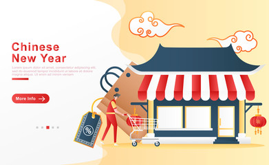Vector illustration chinese new year. Men with happily go to the Chinese temple theme store for shopping. cloud concept, bag with a discount label. for homepage, UI UX, header, app. Flat cartoon style