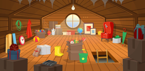 The wooden attic interior with boxes, an armchair, a window, dishes, books, paintings, clothes, paper, an umbrella and gifts. Vector cartoon illustration