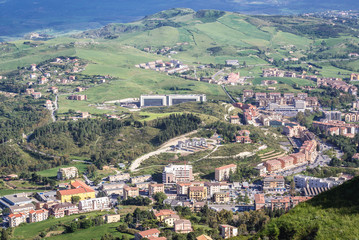 Fototapeta na wymiar View from Rock of Ceres in Enna city on Sicily Island in Italy - hospital building in the middle