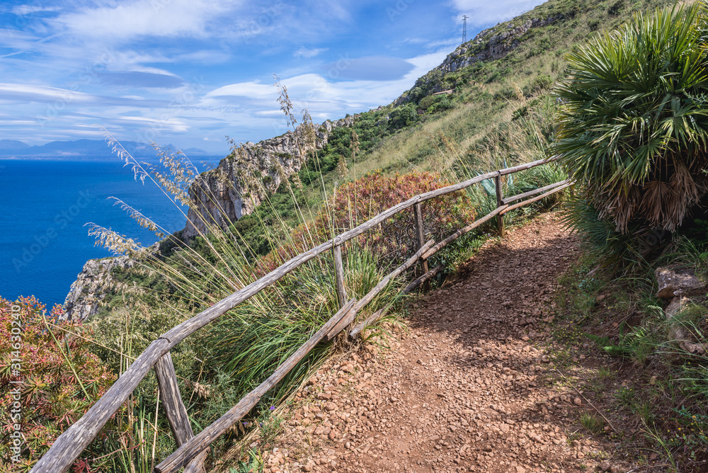 Poster Tourist trail in in Zingaro nature reserve on Sicily Island in Italy