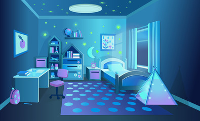 Cozy children's room with toys at night. Vector illustration in cartoon style.