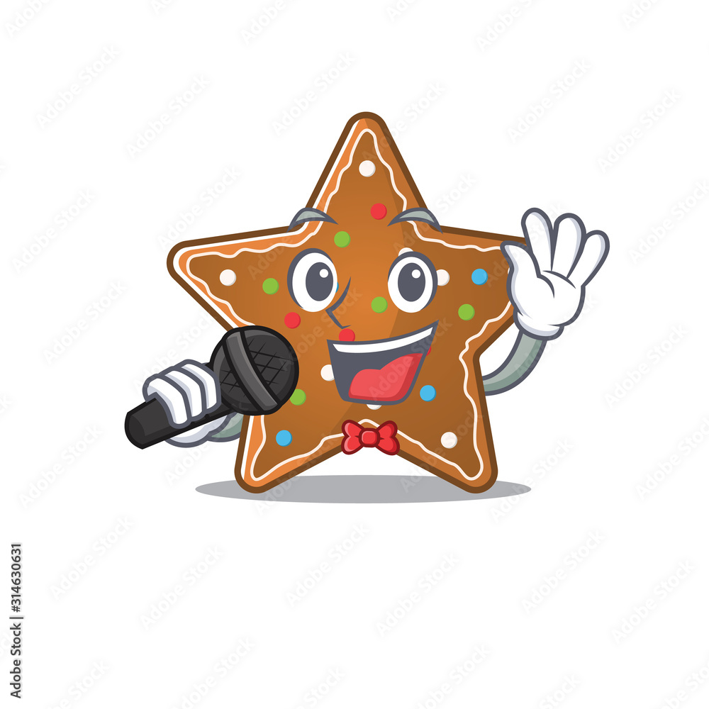 Poster Happy gingerbread star singing on a microphone