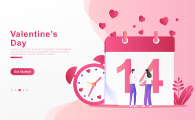 Vector illustration valentine. happy lovers holding hands in front of the February 14 calendar, alarm clock, and love heart shaped clouds, plants. for banner, ads, landing page, ux. Flat cartoon style