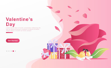 Vector illustration valentine. happy couples looking at each other, sitting in front of roses that are blooming and scattered with leaves,and gifts of love. for banner, ads, landing page. Flat cartoon