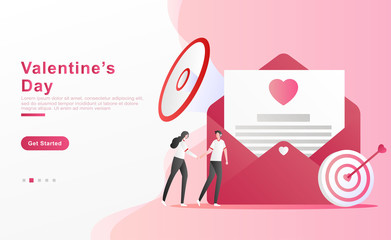 Vector illustration valentine. a happy couple holding hands while running wants to show a message of love. with loudspeakers and arrows on target. for banner, ads, app, landing page. Flat cartoon