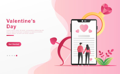 Vector illustration valentine. a man proposes his lover by reading a love letter through a smartphone while holding hands, ring diamonds shape of hearts, plants. for banner, ui ux. flat cartoon style