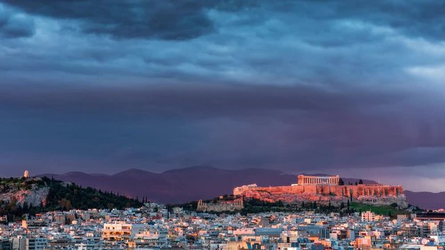 Panorama of Athens by Evening Light - 4k zoom in time lapse shot