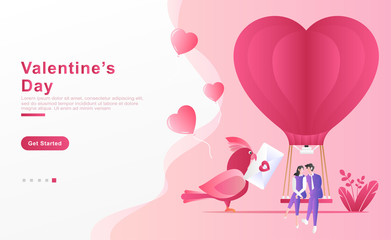 Vector illustration. happy couple sitting on a blimp enjoying valentine, a bird carrying an envelope of love messages, ballons love and plants. concept landing page, frame, website. Flat cartoon style
