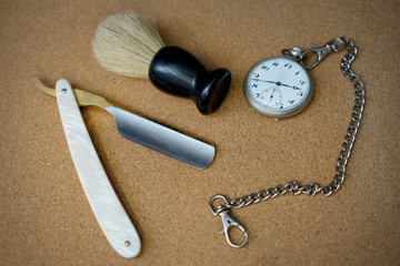 vintage shaving - gilded razor, brush and old watch