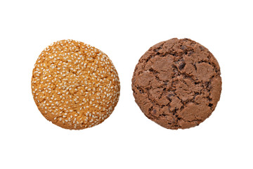 Dry cookies with chocolate and sesame isolated on white background.