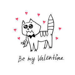 Simple cute contoured cat with a mouse in its teeth. Doodle. Be my Valentine. Design element for greeting card, Valentine's Day, birthday, coloring book, postcard, prints, logo badges stationery web