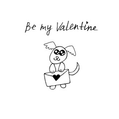 Simple cute contour dog with love letter. Doodle. Be my Valentine. Design element for greeting card, Valentine's Day, birthday, prints, coloring book, logo badges stationery web