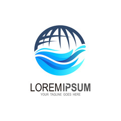 Globe logo with wave design illustration, sea icon, 