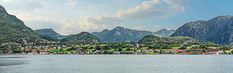 Fototapeta na wymiar Mountain rural landscape village view, Lysefjord, Norway