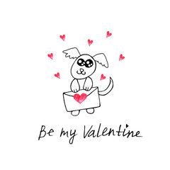 Simple cute contour dog with love letter. Doodle. Be my Valentine. Design element for greeting card, Valentine's Day, birthday, coloring book, prints, logo badges stationery web