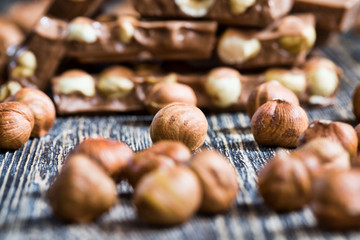 bitter real chocolate, photographed close-up with whole hazelnuts inside and next to a bar of...