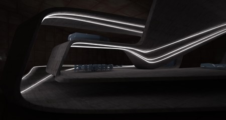 Abstract architectural concrete and rusted metal interior of a minimalist house with swimming pool and neon lighting. 3D illustration and rendering.