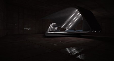 Fototapeta premium Abstract architectural concrete and rusted metal interior of a minimalist house with swimming pool and neon lighting. 3D illustration and rendering.