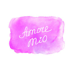 Amore mio. Hand lettering of Valentine's Day on the background of watercolor heart. Phrase, handwriting isolated for greeting cards, logo, banners, labels icons printing stationery posters web